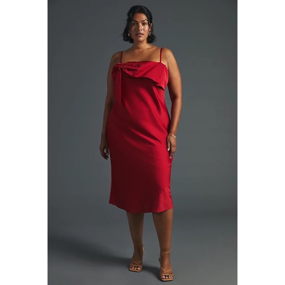 NWT ANTHROPOLOGIE BOW FRONT SLIP MIDI DRESS IN RED - Picture 7 of 10
